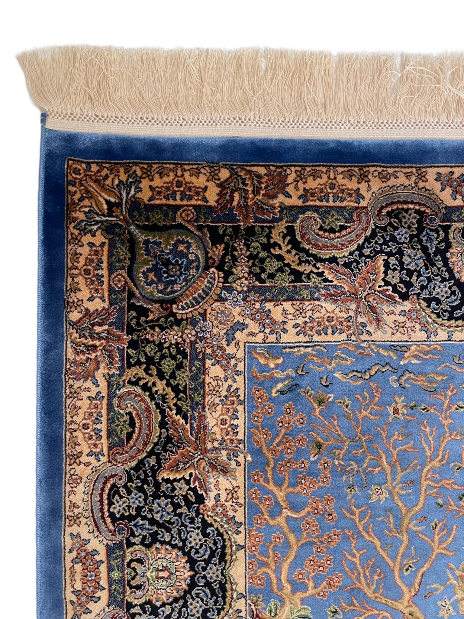 Fringes of IHYA in Blue Modal Prayer Rug by Asrār Collection